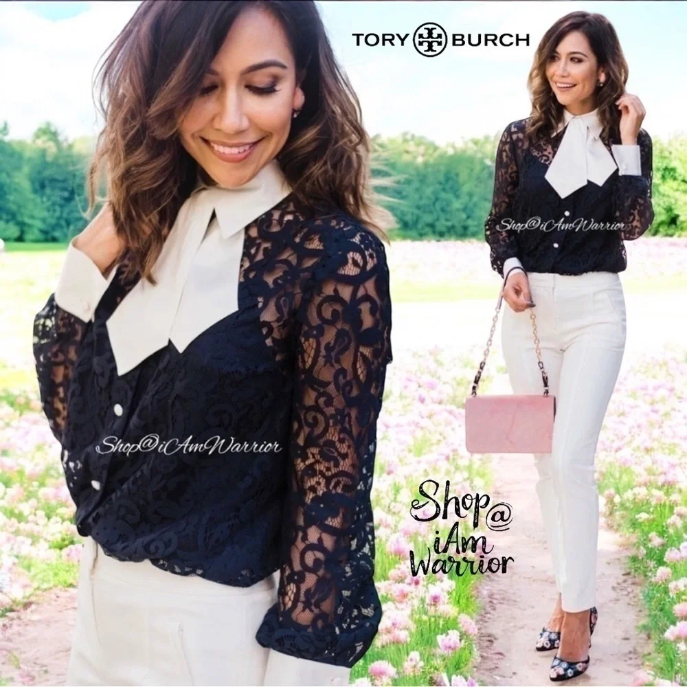 Tory Burch NWT navy lace blouse w/ ivory cuffs & collar with removable neck tie